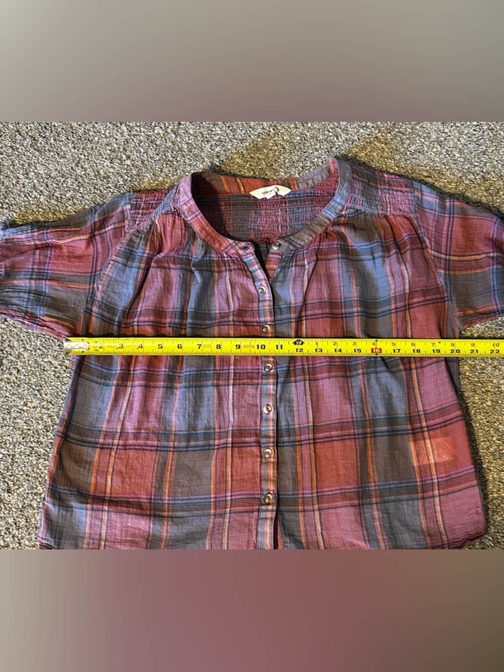 Lucky Brand Plaid Peasant Blouse XS Boho Smocked Yoke Cotton Short Sleeve Top - Picture 7 of 8